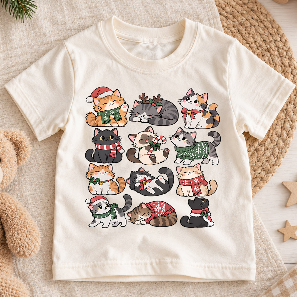 Cute Christmas Cats Kids Shirt, Santa Hat Kitty Holiday Tee, Festive Holiday Outfit, Christmas Gift for Cat Lovers Cute Xmas Gift for Kids — product view 1