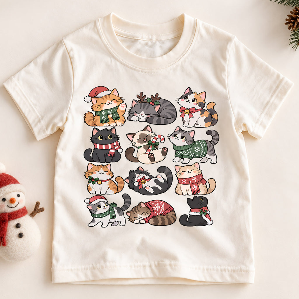 Cute Christmas Cats Kids Shirt, Santa Hat Kitty Holiday Tee, Festive Holiday Outfit, Christmas Gift for Cat Lovers Cute Xmas Gift for Kids — product view 2