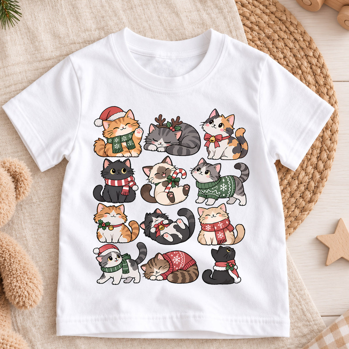 Cute Christmas Cats Kids Shirt, Santa Hat Kitty Holiday Tee, Festive Holiday Outfit, Christmas Gift for Cat Lovers Cute Xmas Gift for Kids — product view 3