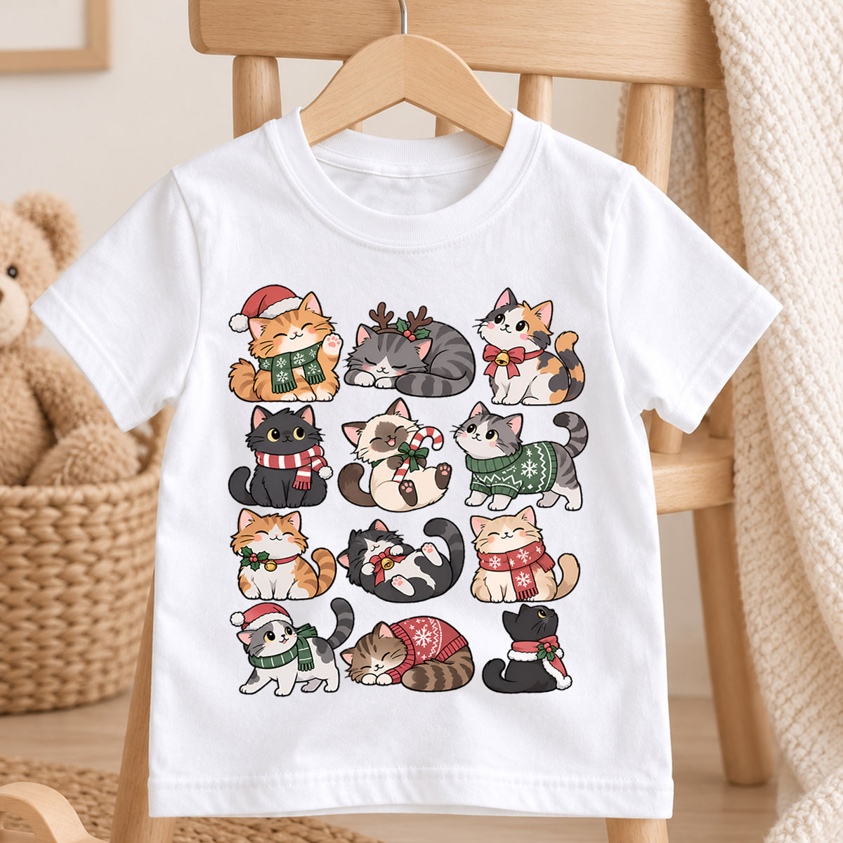 Cute Christmas Cats Kids Shirt, Santa Hat Kitty Holiday Tee, Festive Holiday Outfit, Christmas Gift for Cat Lovers Cute Xmas Gift for Kids — product view 4