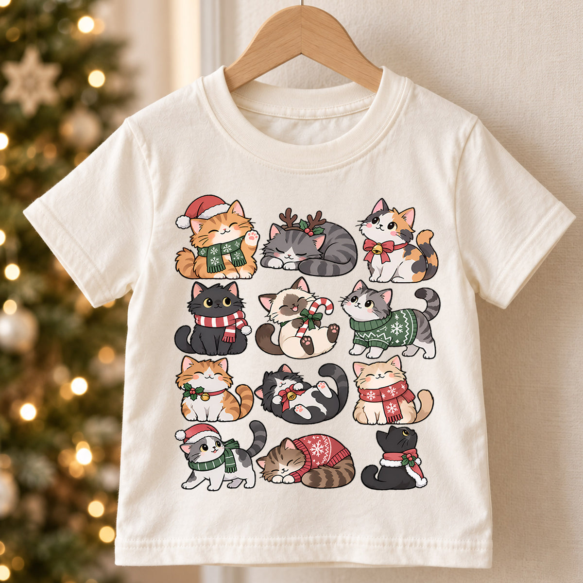 Cute Christmas Cats Kids Shirt, Santa Hat Kitty Holiday Tee, Festive Holiday Outfit, Christmas Gift for Cat Lovers Cute Xmas Gift for Kids — product view 5