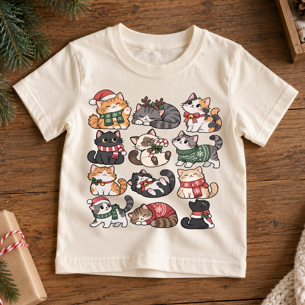 Cute Christmas Cats Kids Shirt, Santa Hat Kitty Holiday Tee, Festive Holiday Outfit, Christmas Gift for Cat Lovers Cute Xmas Gift for Kids — product view 7