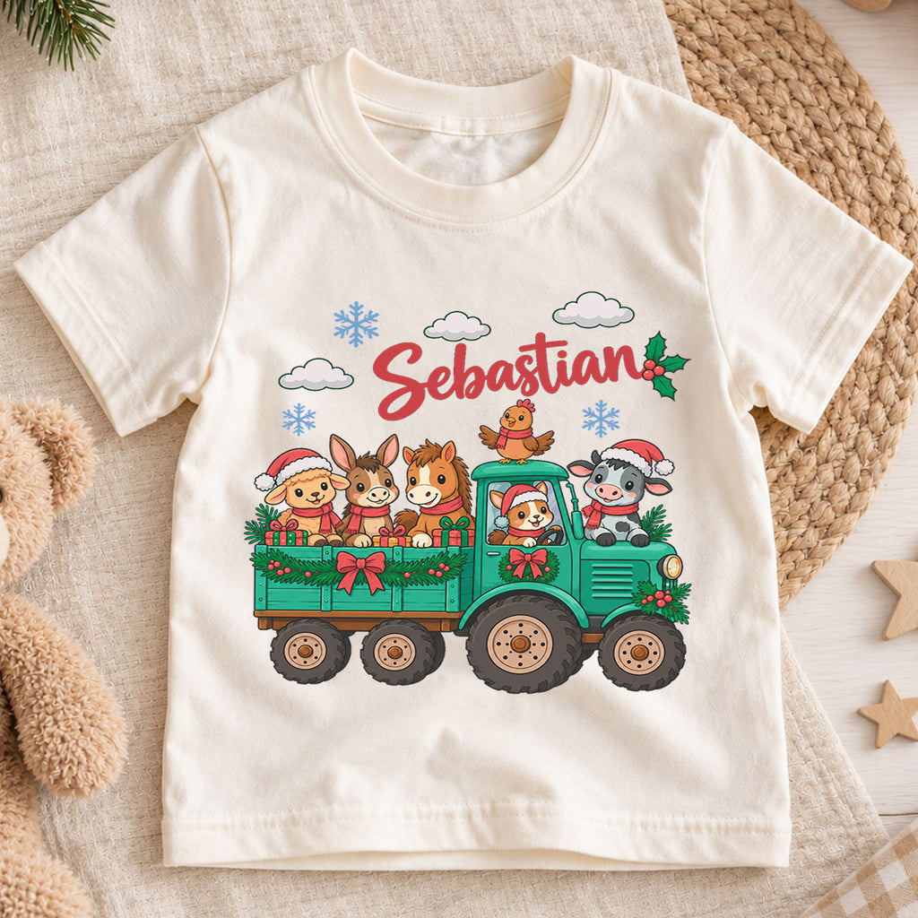 Personalized Farm Animal Christmas Kids T-Shirt, Custom Name Tractor Holiday Shirt, 1st Christmas Gift, My First Birthday Outfit — product view 1