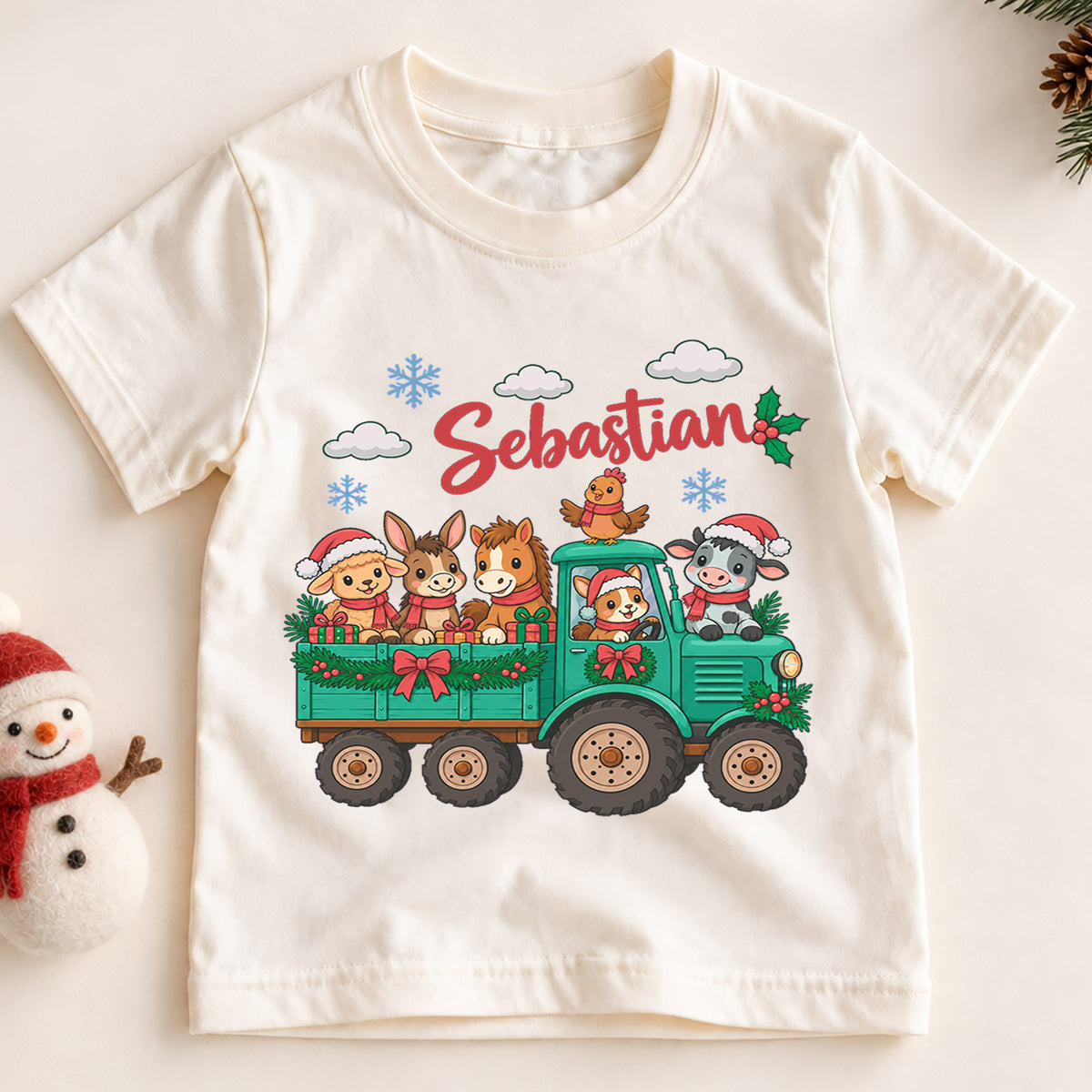 Personalized Farm Animal Christmas Kids T-Shirt, Custom Name Tractor Holiday Shirt, 1st Christmas Gift, My First Birthday Outfit — product view 2