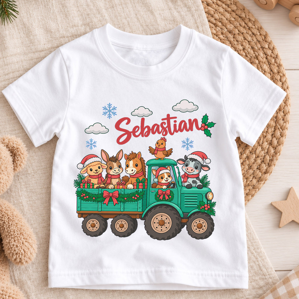 Personalized Farm Animal Christmas Kids T-Shirt, Custom Name Tractor Holiday Shirt, 1st Christmas Gift, My First Birthday Outfit — product view 3