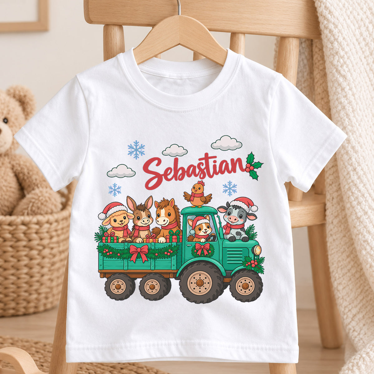 Personalized Farm Animal Christmas Kids T-Shirt, Custom Name Tractor Holiday Shirt, 1st Christmas Gift, My First Birthday Outfit — product view 4