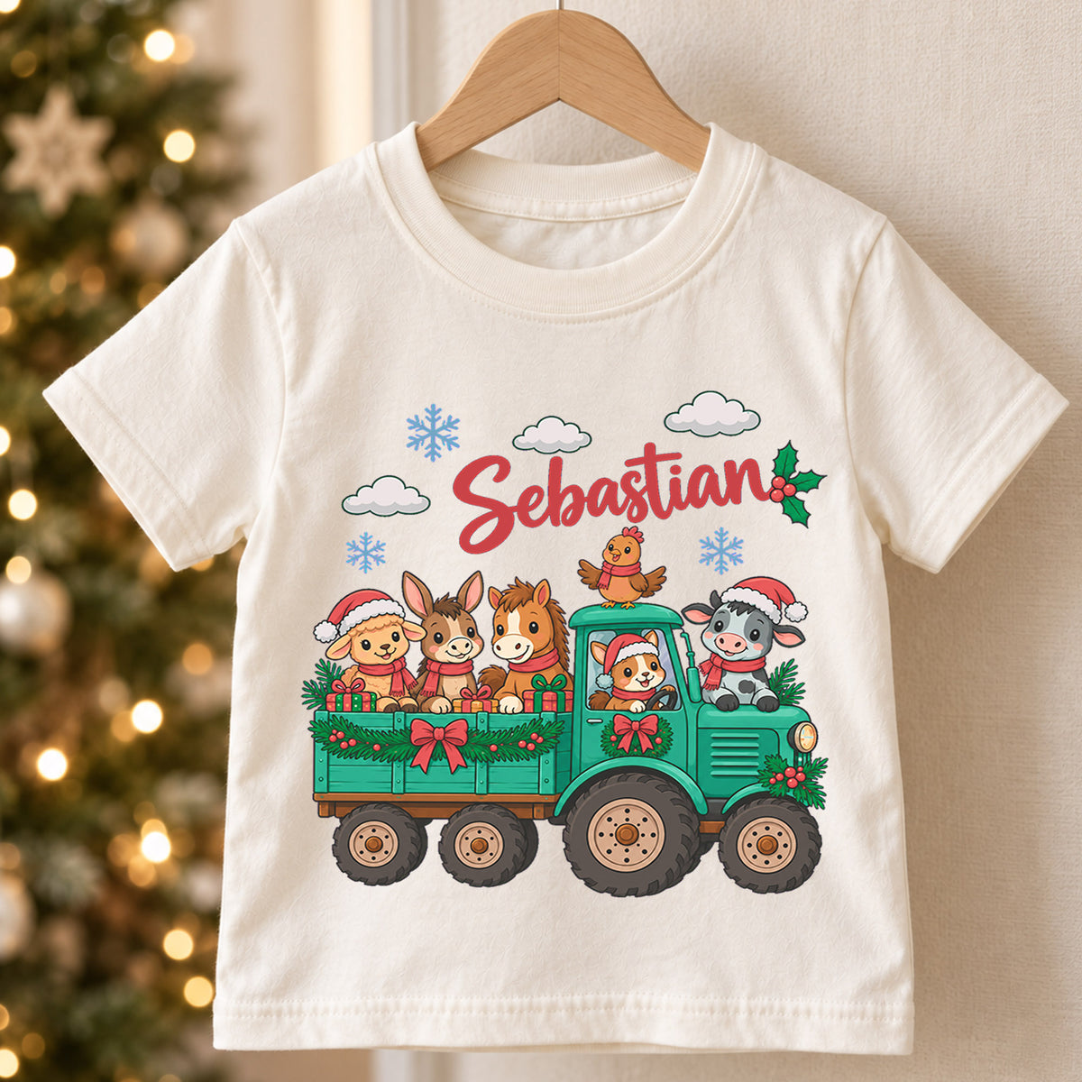 Personalized Farm Animal Christmas Kids T-Shirt, Custom Name Tractor Holiday Shirt, 1st Christmas Gift, My First Birthday Outfit — product view 5