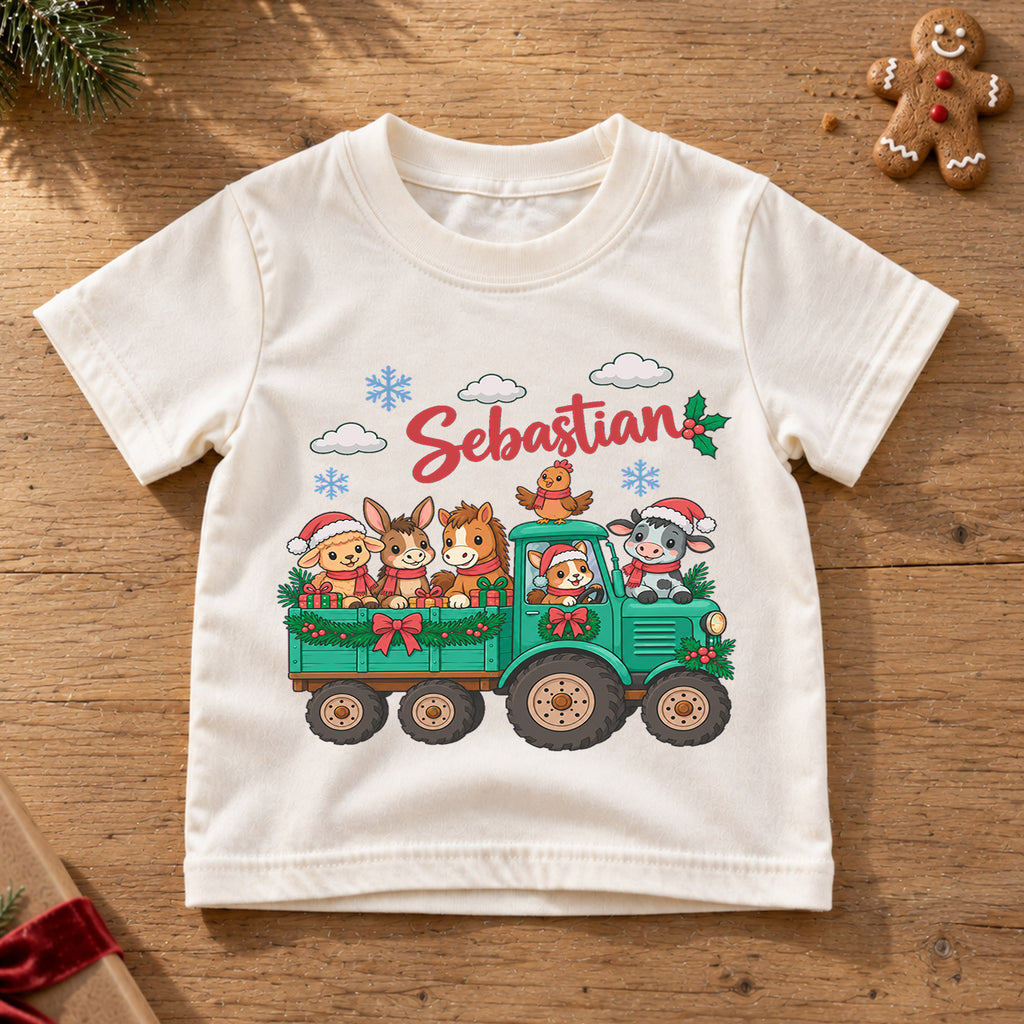 Personalized Farm Animal Christmas Kids T-Shirt, Custom Name Tractor Holiday Shirt, 1st Christmas Gift, My First Birthday Outfit — product view 6