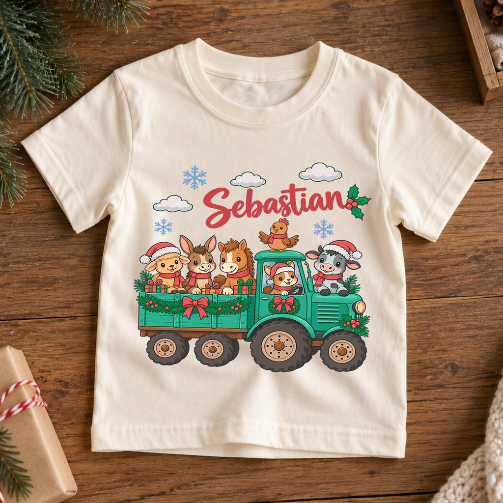 Personalized Farm Animal Christmas Kids T-Shirt, Custom Name Tractor Holiday Shirt, 1st Christmas Gift, My First Birthday Outfit — product view 7
