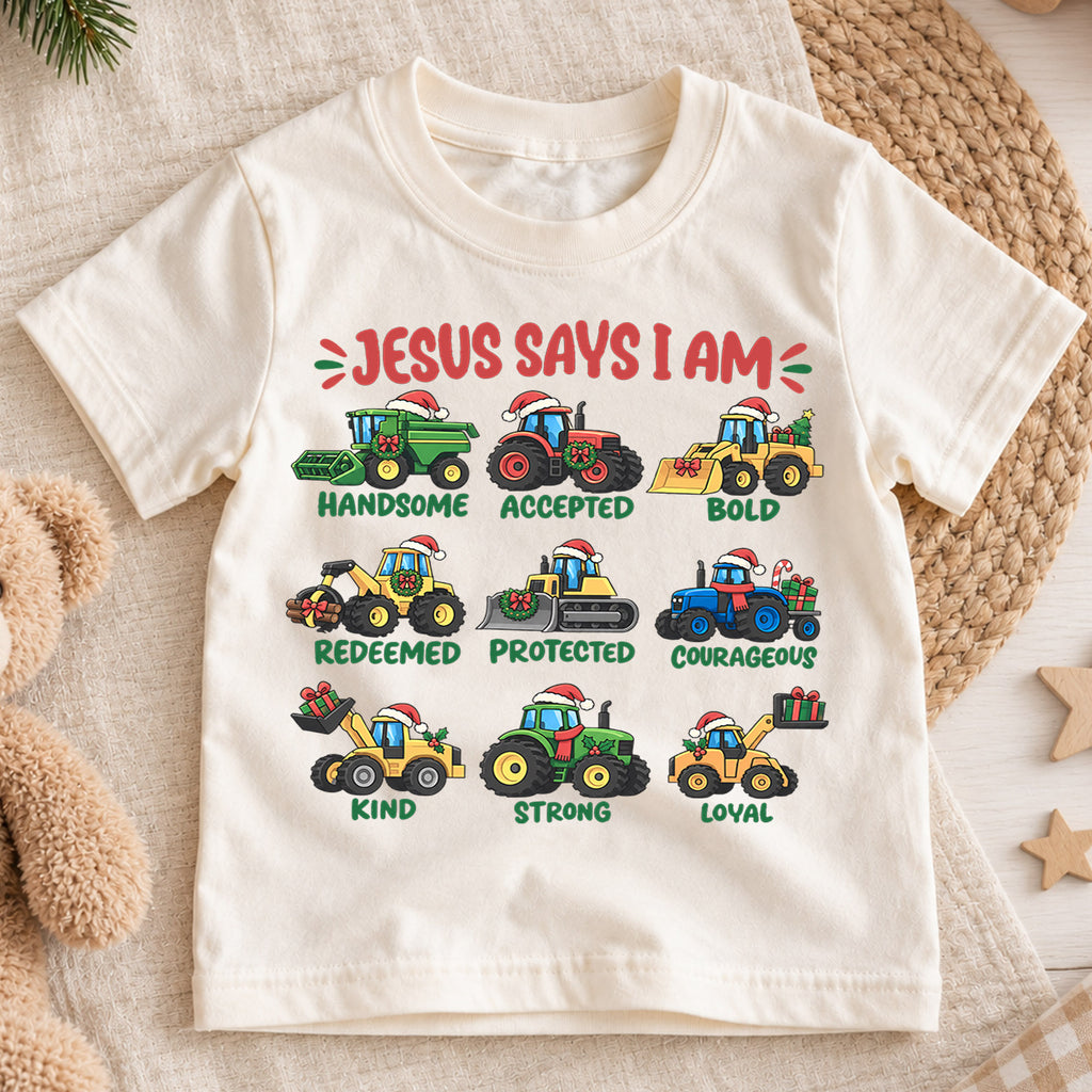 Jesus Says I Am Kids Christmas Shirt, Christian Tractor Holiday Tee, Festive Christmas Outfit, Holiday Gift for Boys Holiday Gift Idea — product view 1