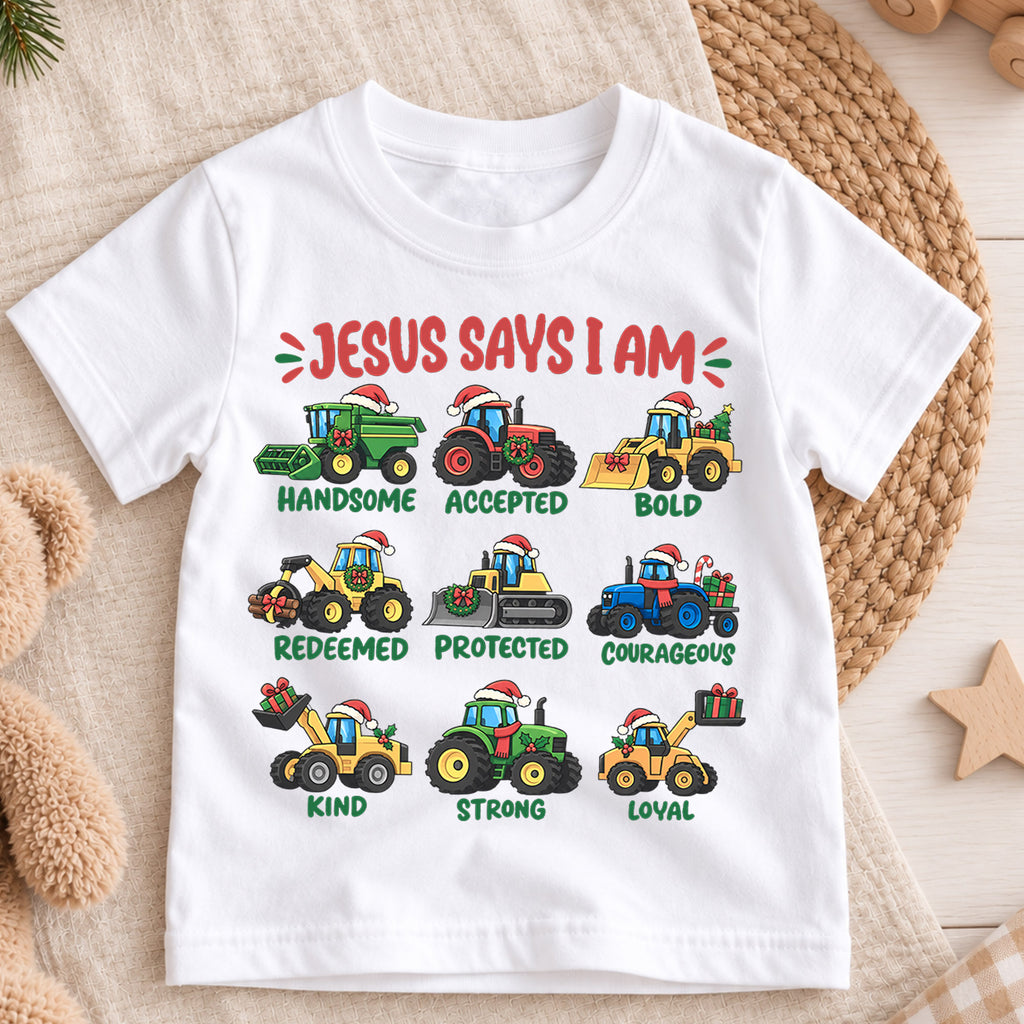 Jesus Says I Am Kids Christmas Shirt, Christian Tractor Holiday Tee, Festive Christmas Outfit, Holiday Gift for Boys Holiday Gift Idea — product view 3