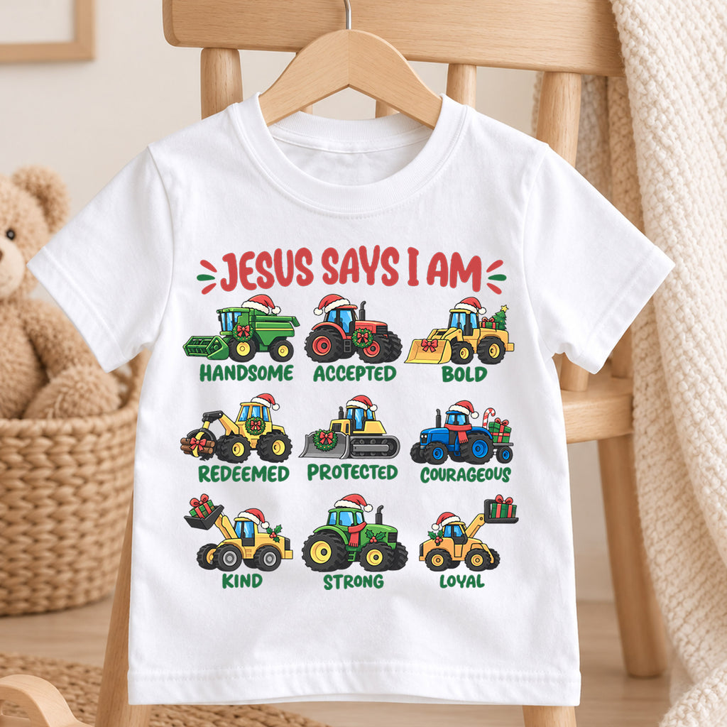Jesus Says I Am Kids Christmas Shirt, Christian Tractor Holiday Tee, Festive Christmas Outfit, Holiday Gift for Boys Holiday Gift Idea — product view 4