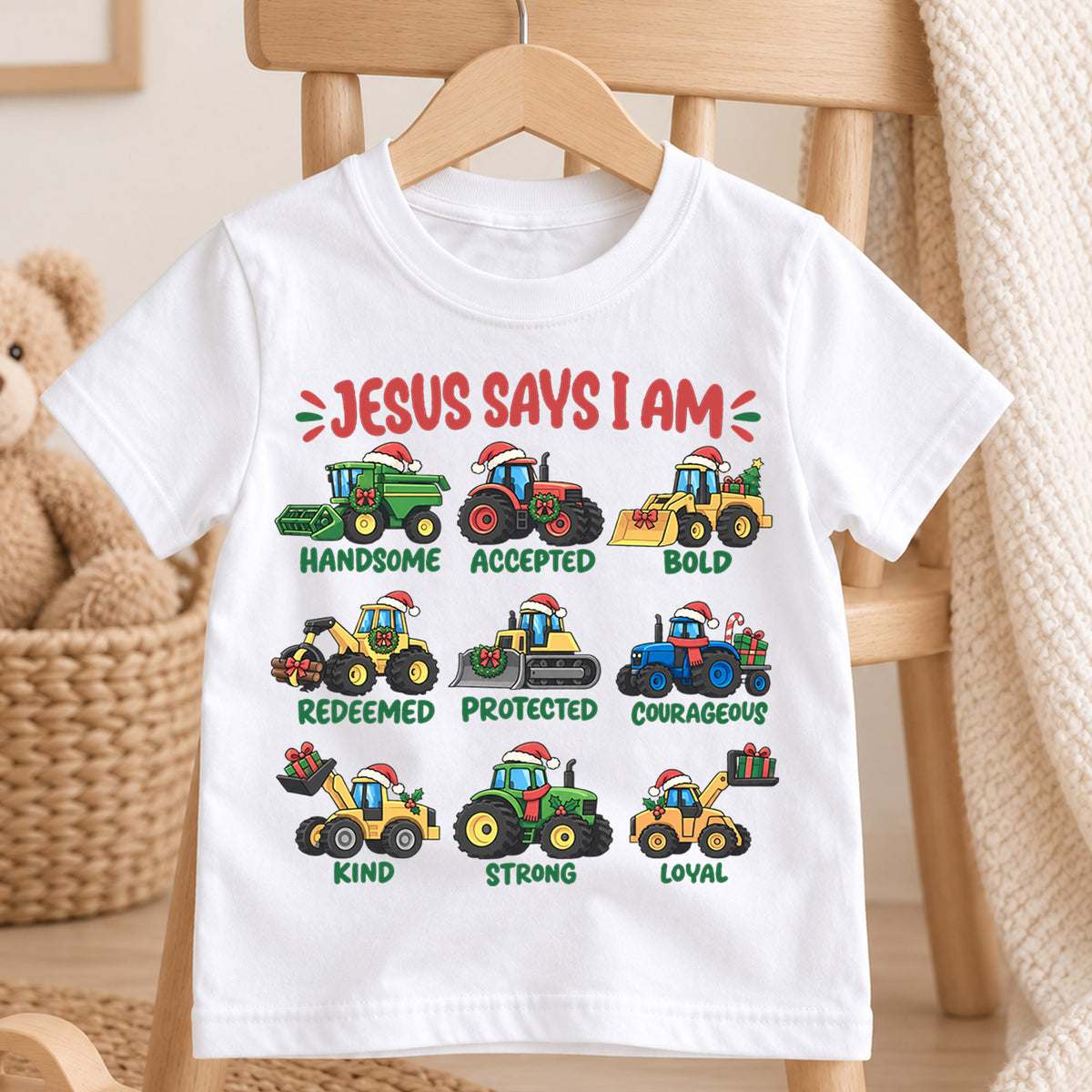 Jesus Says I Am Kids Christmas Shirt, Christian Tractor Holiday Tee, Festive Christmas Outfit, Holiday Gift for Boys Holiday Gift Idea — product view 4
