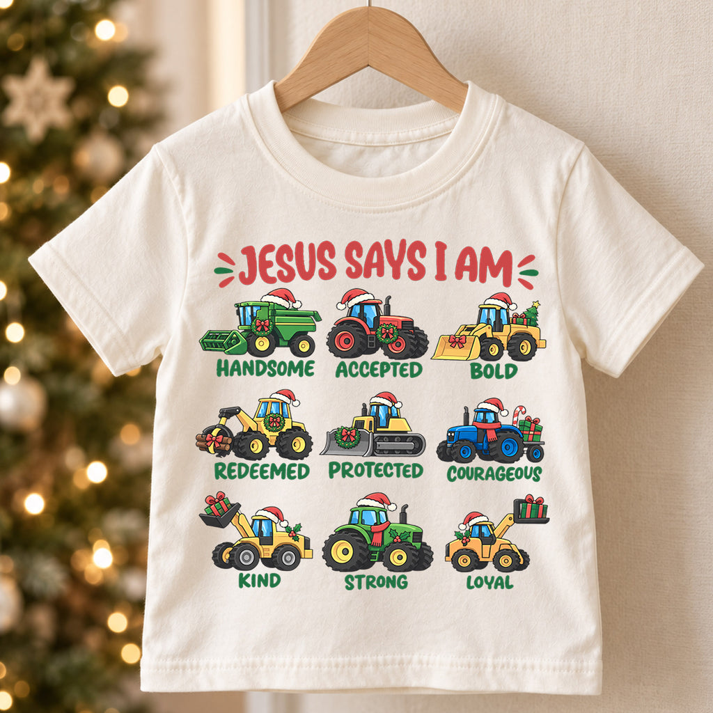Jesus Says I Am Kids Christmas Shirt, Christian Tractor Holiday Tee, Festive Christmas Outfit, Holiday Gift for Boys Holiday Gift Idea — product view 5