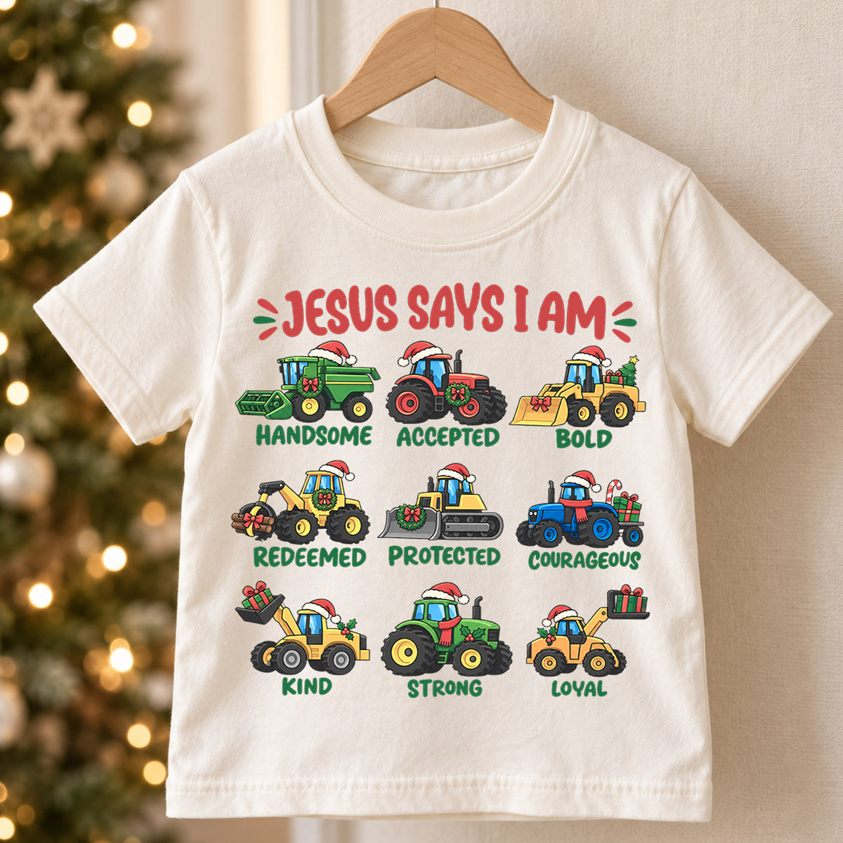 Jesus Says I Am Kids Christmas Shirt, Christian Tractor Holiday Tee, Festive Christmas Outfit, Holiday Gift for Boys Holiday Gift Idea — product view 5