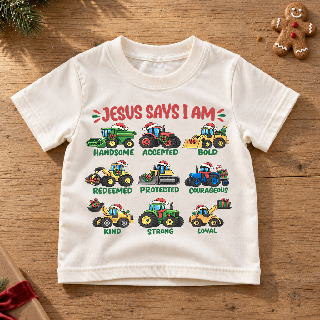 Jesus Says I Am Kids Christmas Shirt, Christian Tractor Holiday Tee, Festive Christmas Outfit, Holiday Gift for Boys Holiday Gift Idea — product view 6