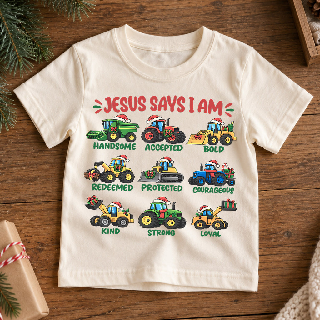 Jesus Says I Am Kids Christmas Shirt, Christian Tractor Holiday Tee, Festive Christmas Outfit, Holiday Gift for Boys Holiday Gift Idea — product view 7