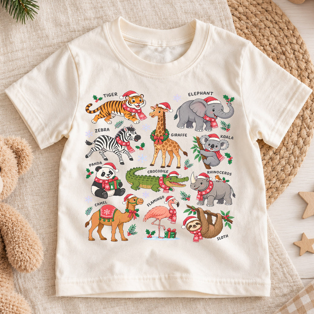 Christmas Safari Animals Kids Shirt, Cute Zoo Holiday Tee, Festive Holiday Outfit, Christmas Gift for Boys and Girls Festive Xmas Gift Idea — product view 1