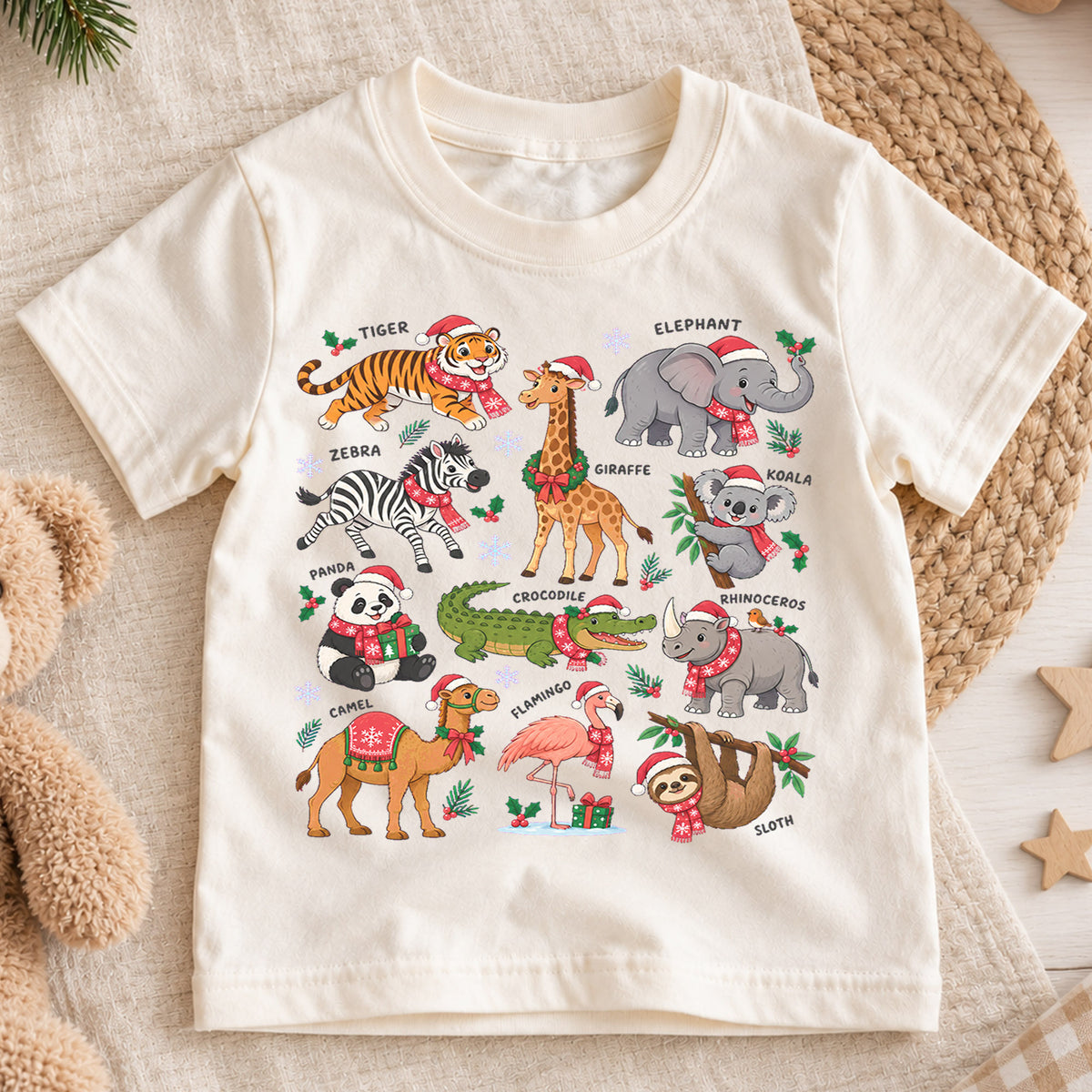 Christmas Safari Animals Kids Shirt, Cute Zoo Holiday Tee, Festive Holiday Outfit, Christmas Gift for Boys and Girls Festive Xmas Gift Idea — product view 1