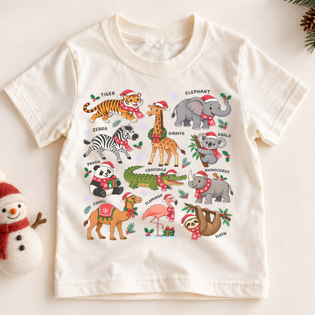 Christmas Safari Animals Kids Shirt, Cute Zoo Holiday Tee, Festive Holiday Outfit, Christmas Gift for Boys and Girls Festive Xmas Gift Idea — product view 2