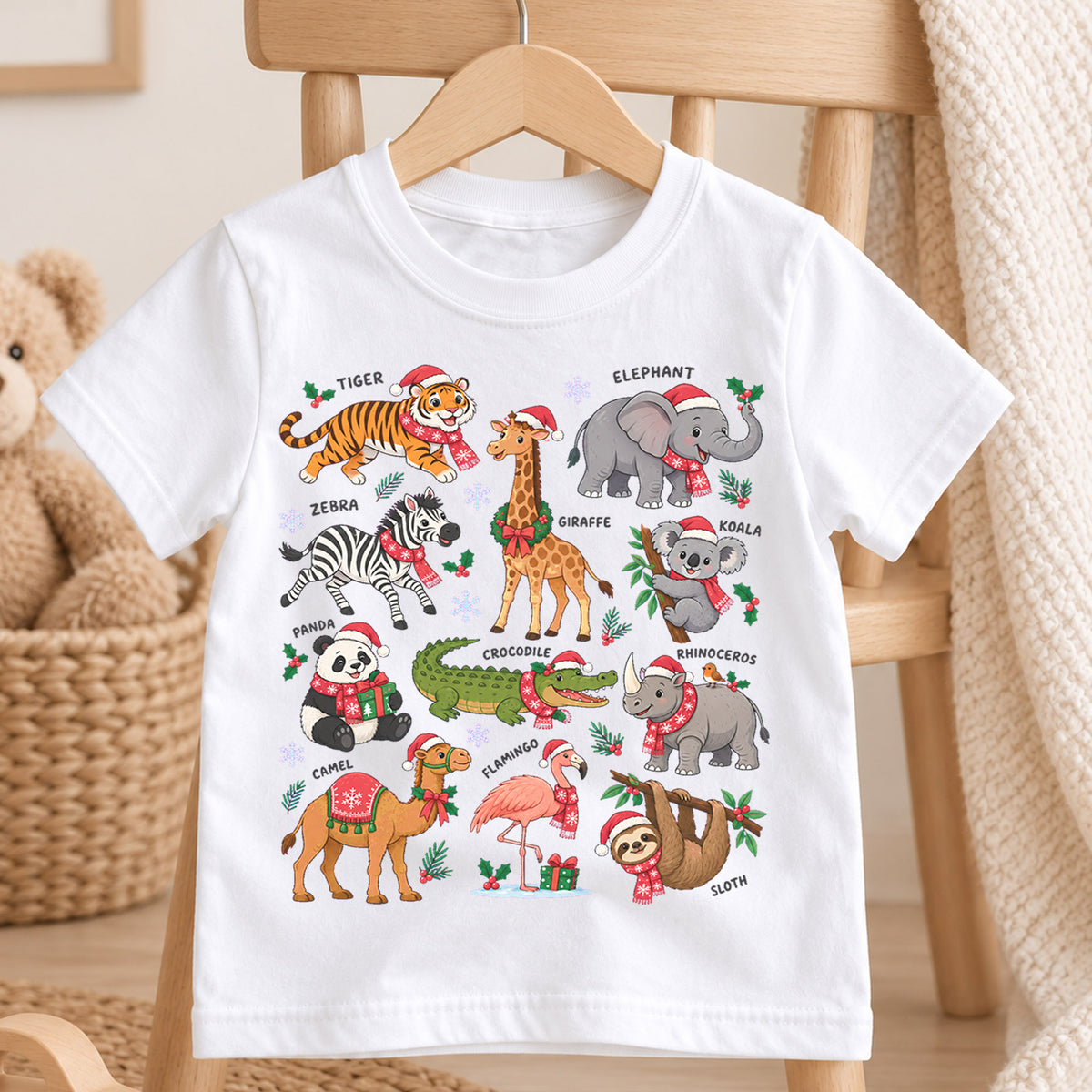 Christmas Safari Animals Kids Shirt, Cute Zoo Holiday Tee, Festive Holiday Outfit, Christmas Gift for Boys and Girls Festive Xmas Gift Idea — product view 4