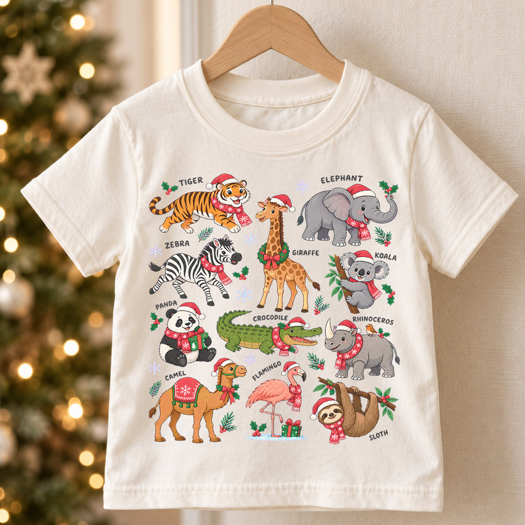 Christmas Safari Animals Kids Shirt, Cute Zoo Holiday Tee, Festive Holiday Outfit, Christmas Gift for Boys and Girls Festive Xmas Gift Idea — product view 5
