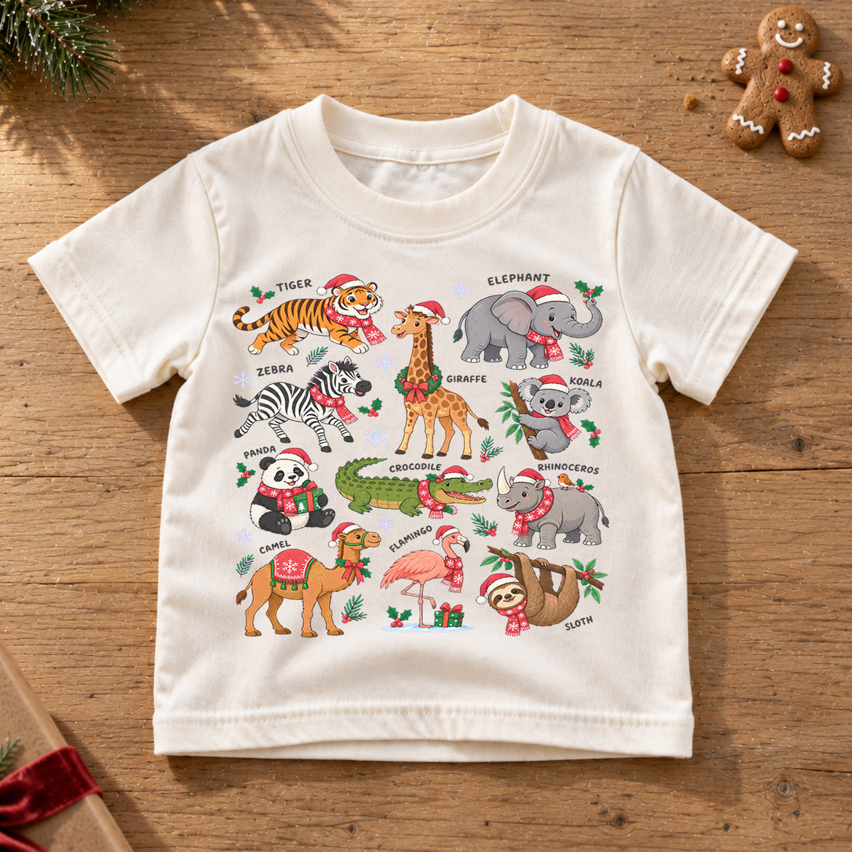 Christmas Safari Animals Kids Shirt, Cute Zoo Holiday Tee, Festive Holiday Outfit, Christmas Gift for Boys and Girls Festive Xmas Gift Idea — product view 6