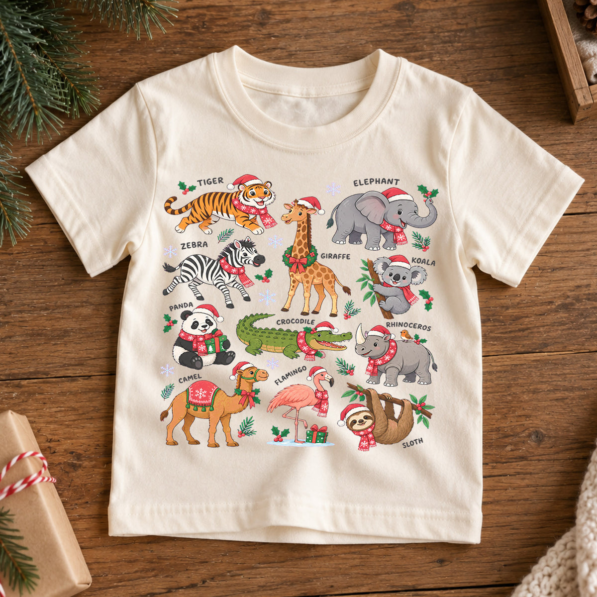 Christmas Safari Animals Kids Shirt, Cute Zoo Holiday Tee, Festive Holiday Outfit, Christmas Gift for Boys and Girls Festive Xmas Gift Idea — product view 7