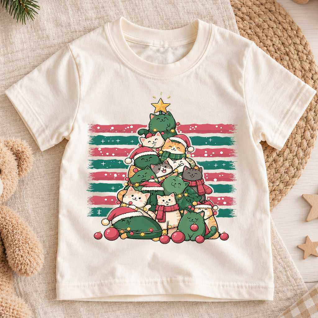 Christmas Cat Tree Kids Shirt, Cute Kitty Holiday Tee, Festive Christmas Outfit, Holiday Gift for Cat Lovers Cute Holiday Gift Idea — product view 1