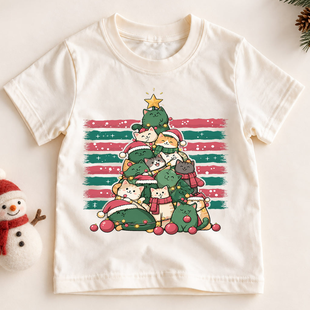 Christmas Cat Tree Kids Shirt, Cute Kitty Holiday Tee, Festive Christmas Outfit, Holiday Gift for Cat Lovers Cute Holiday Gift Idea — product view 2