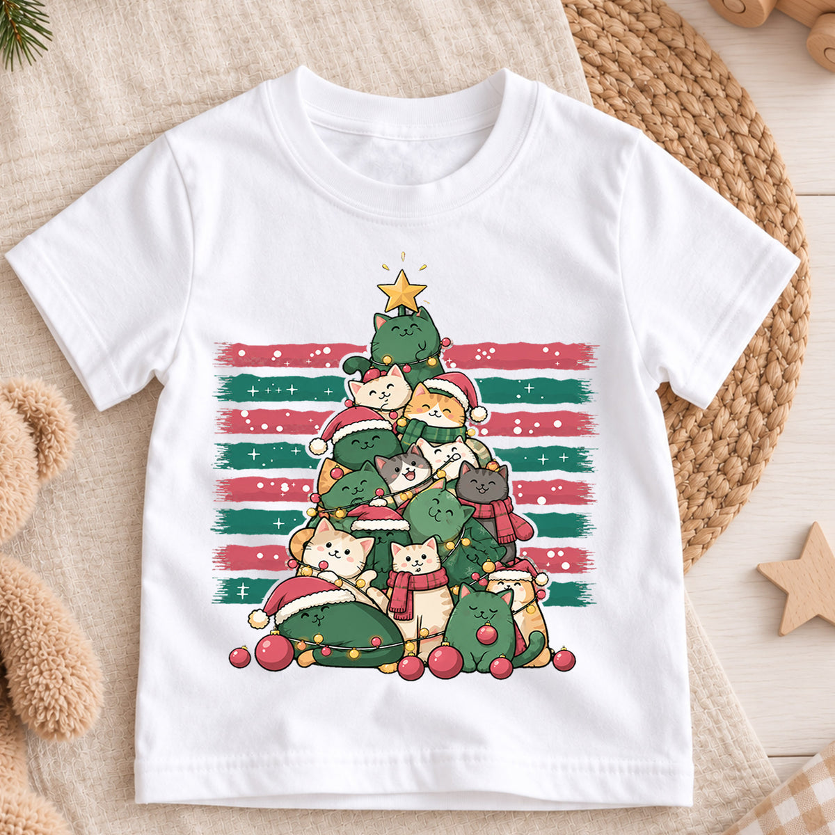 Christmas Cat Tree Kids Shirt, Cute Kitty Holiday Tee, Festive Christmas Outfit, Holiday Gift for Cat Lovers Cute Holiday Gift Idea — product view 3