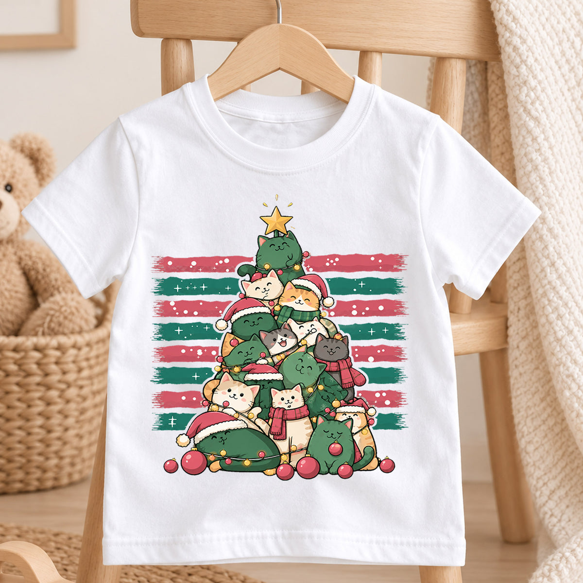 Christmas Cat Tree Kids Shirt, Cute Kitty Holiday Tee, Festive Christmas Outfit, Holiday Gift for Cat Lovers Cute Holiday Gift Idea — product view 4