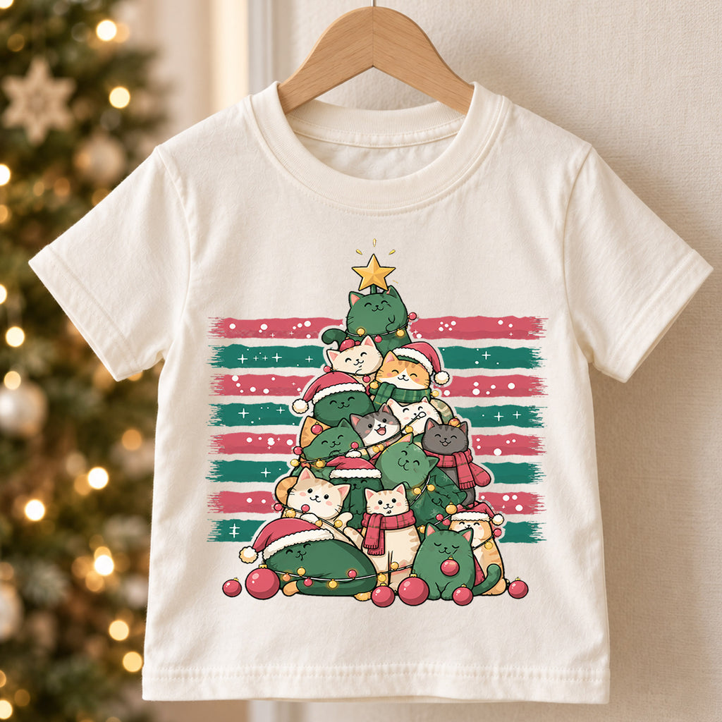 Christmas Cat Tree Kids Shirt, Cute Kitty Holiday Tee, Festive Christmas Outfit, Holiday Gift for Cat Lovers Cute Holiday Gift Idea — product view 5