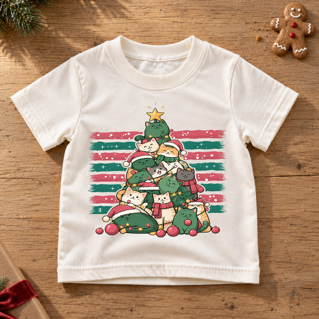 Christmas Cat Tree Kids Shirt, Cute Kitty Holiday Tee, Festive Christmas Outfit, Holiday Gift for Cat Lovers Cute Holiday Gift Idea — product view 6