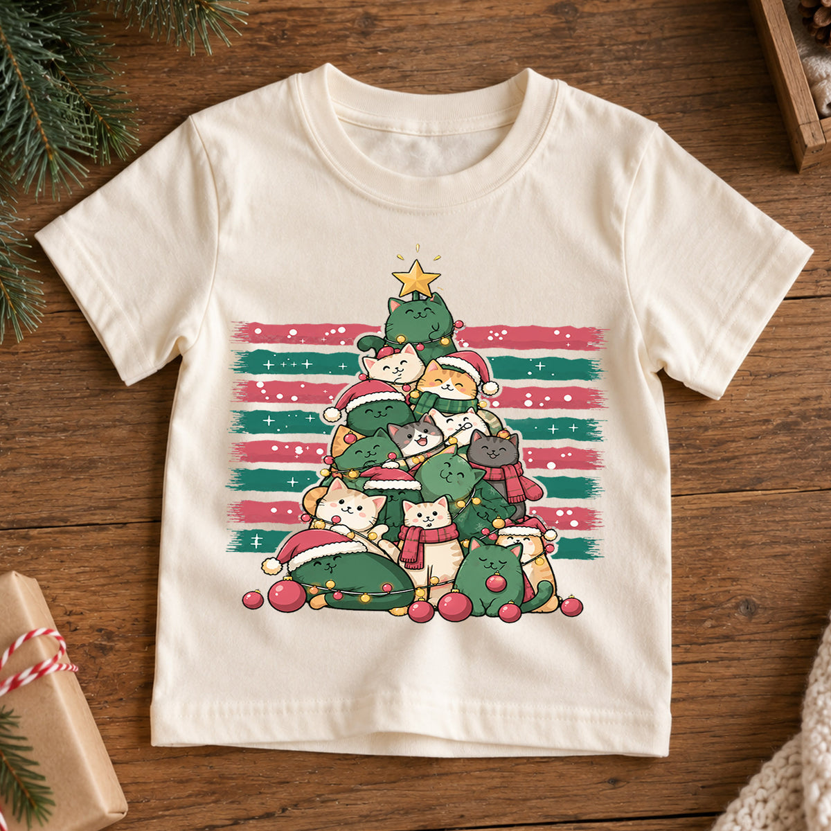 Christmas Cat Tree Kids Shirt, Cute Kitty Holiday Tee, Festive Christmas Outfit, Holiday Gift for Cat Lovers Cute Holiday Gift Idea — product view 7