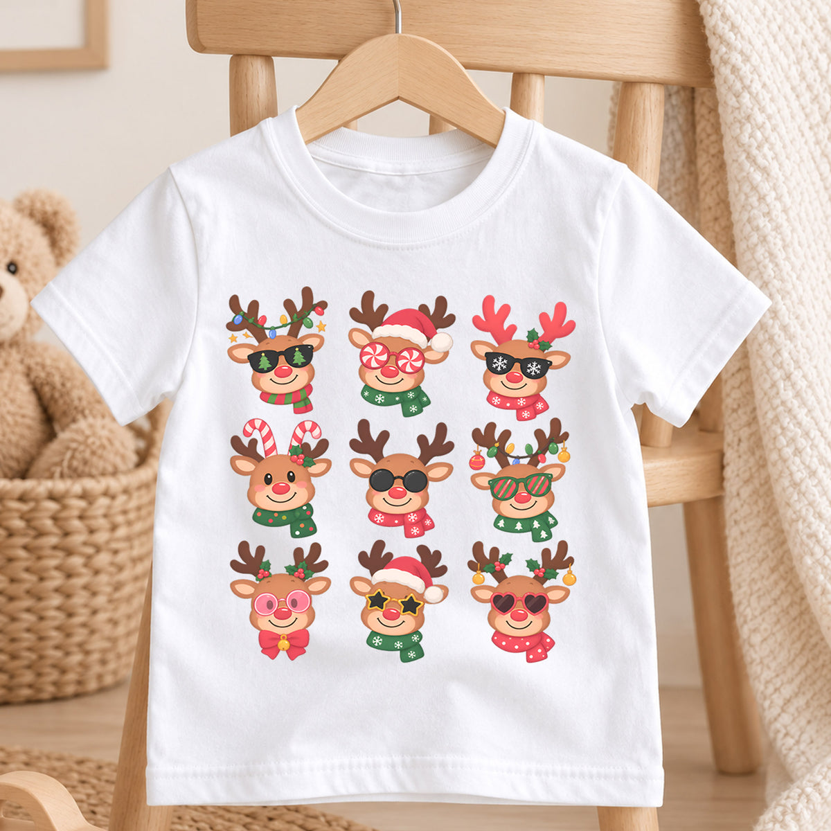 Funny Reindeer Boop Kids Christmas Shirt, Retro Holiday Deer Tee, Festive Christmas Outfit, Holiday Gift for Children Holiday Gift Idea — product view 4