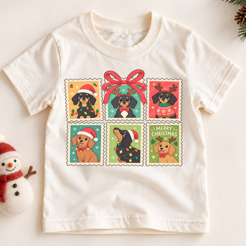 Dachshund Christmas Kids Shirt, Cute Sausage Dog Holiday Tee, Festive Christmas Outfit, Holiday Gift for Dog Lovers Holiday Gift Idea — product view 2