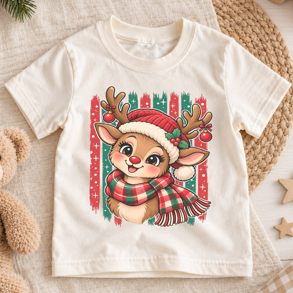 Cute Reindeer Christmas Kids Shirt, Plaid Scarf Holiday Deer Tee, Festive Holiday Outfit, Christmas Gift for Kids Festive Xmas Gift Idea — product view 1