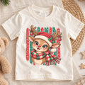 Cute Reindeer Christmas Kids Shirt, Plaid Scarf Holiday Deer Tee, Festive Holiday Outfit, Christmas Gift for Kids Festive Xmas Gift Idea — product view 1