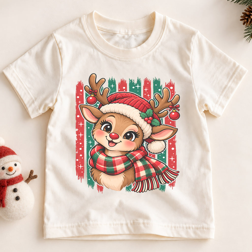 Cute Reindeer Christmas Kids Shirt, Plaid Scarf Holiday Deer Tee, Festive Holiday Outfit, Christmas Gift for Kids Festive Xmas Gift Idea — product view 2