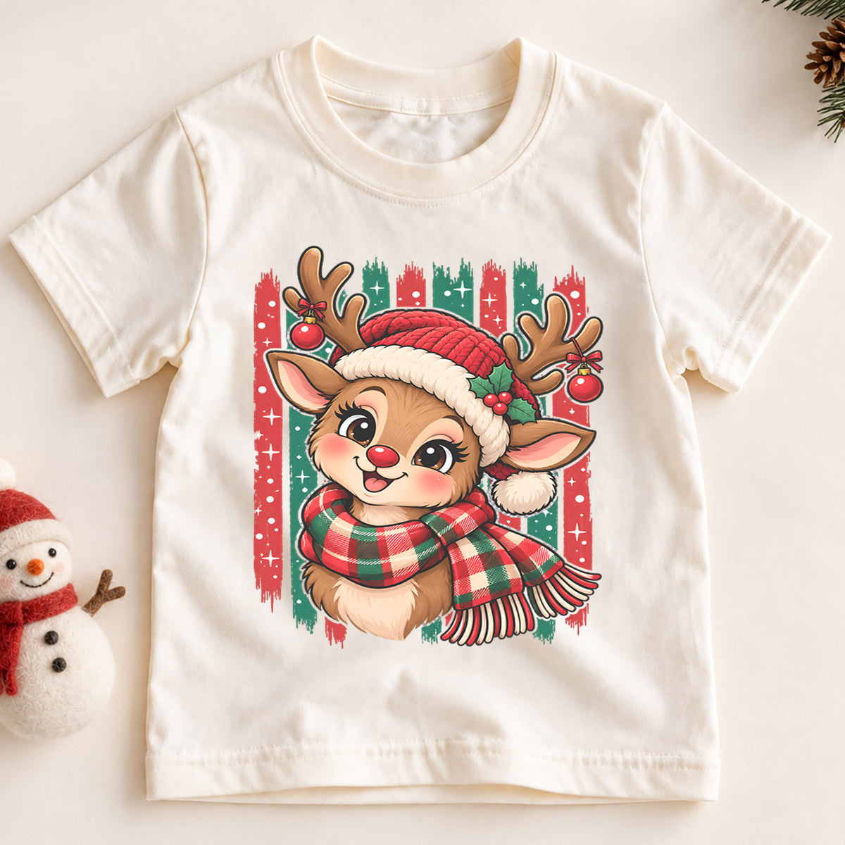 Cute Reindeer Christmas Kids Shirt, Plaid Scarf Holiday Deer Tee, Festive Holiday Outfit, Christmas Gift for Kids Festive Xmas Gift Idea — product view 2