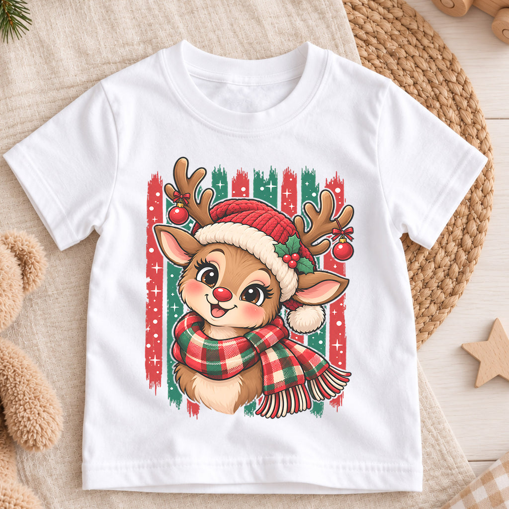 Cute Reindeer Christmas Kids Shirt, Plaid Scarf Holiday Deer Tee, Festive Holiday Outfit, Christmas Gift for Kids Festive Xmas Gift Idea — product view 3