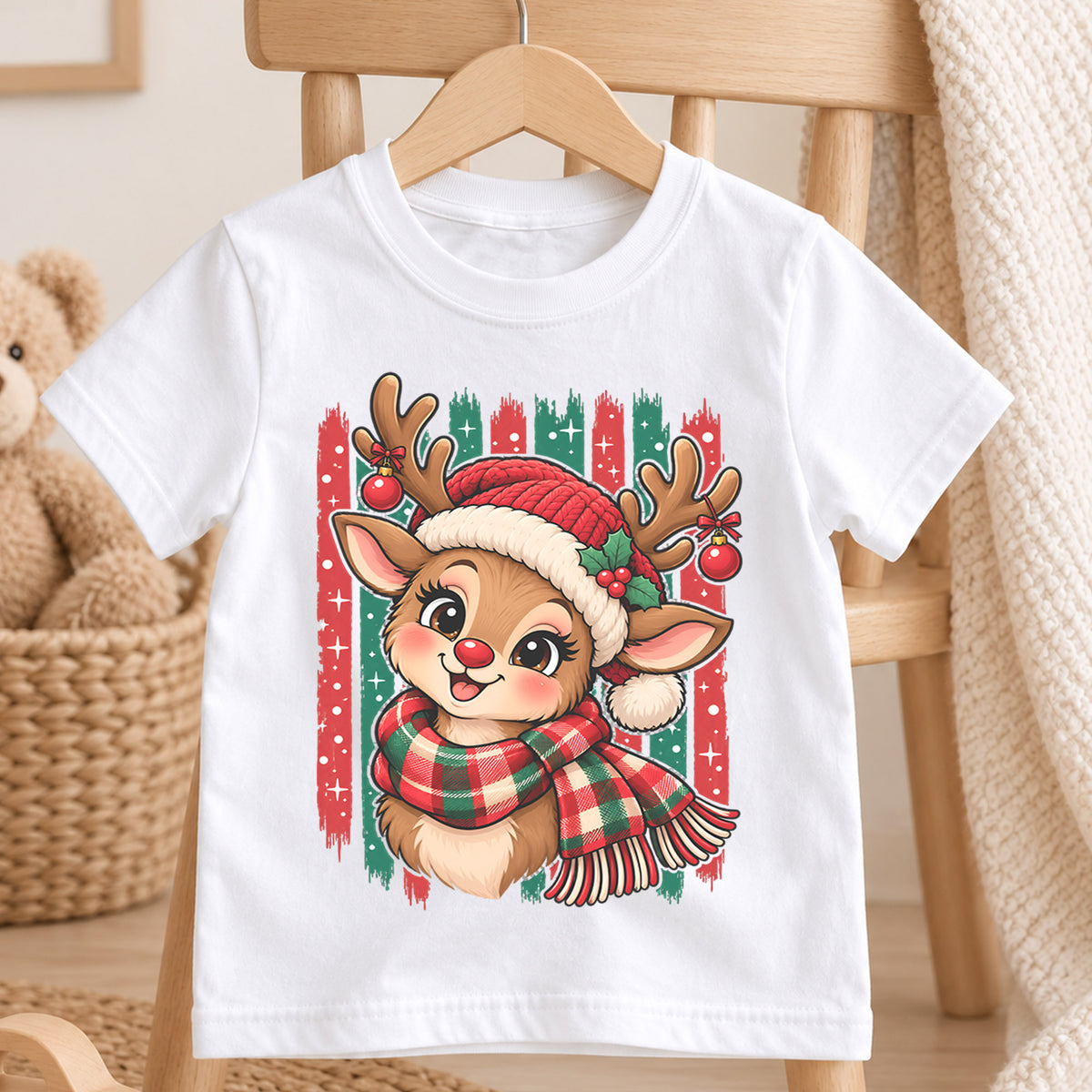 Cute Reindeer Christmas Kids Shirt, Plaid Scarf Holiday Deer Tee, Festive Holiday Outfit, Christmas Gift for Kids Festive Xmas Gift Idea — product view 4