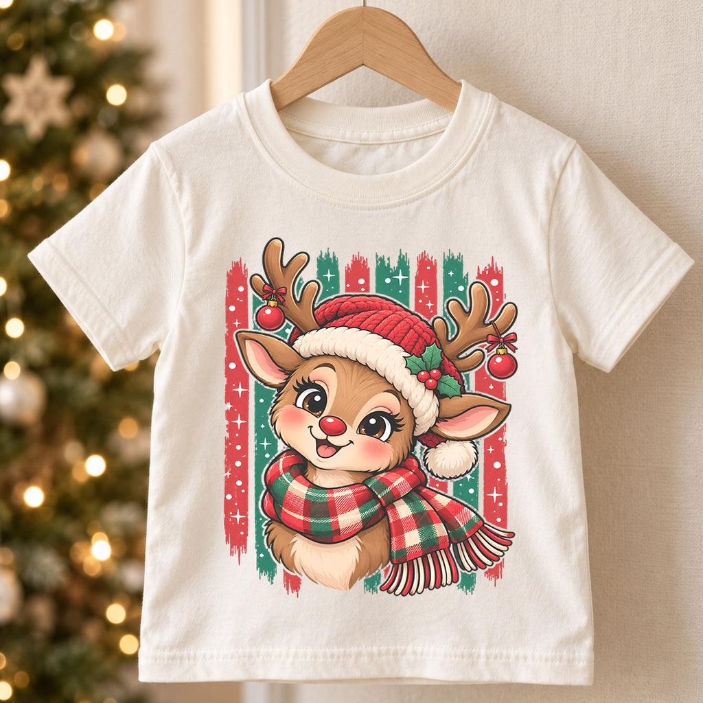 Cute Reindeer Christmas Kids Shirt, Plaid Scarf Holiday Deer Tee, Festive Holiday Outfit, Christmas Gift for Kids Festive Xmas Gift Idea — product view 5