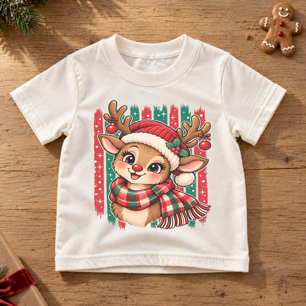 Cute Reindeer Christmas Kids Shirt, Plaid Scarf Holiday Deer Tee, Festive Holiday Outfit, Christmas Gift for Kids Festive Xmas Gift Idea — product view 6