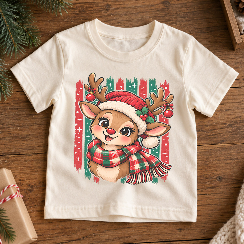 Cute Reindeer Christmas Kids Shirt, Plaid Scarf Holiday Deer Tee, Festive Holiday Outfit, Christmas Gift for Kids Festive Xmas Gift Idea — product view 7