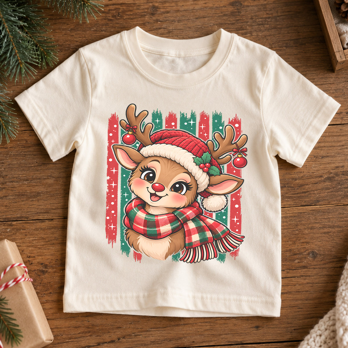Cute Reindeer Christmas Kids Shirt, Plaid Scarf Holiday Deer Tee, Festive Holiday Outfit, Christmas Gift for Kids Festive Xmas Gift Idea — product view 7