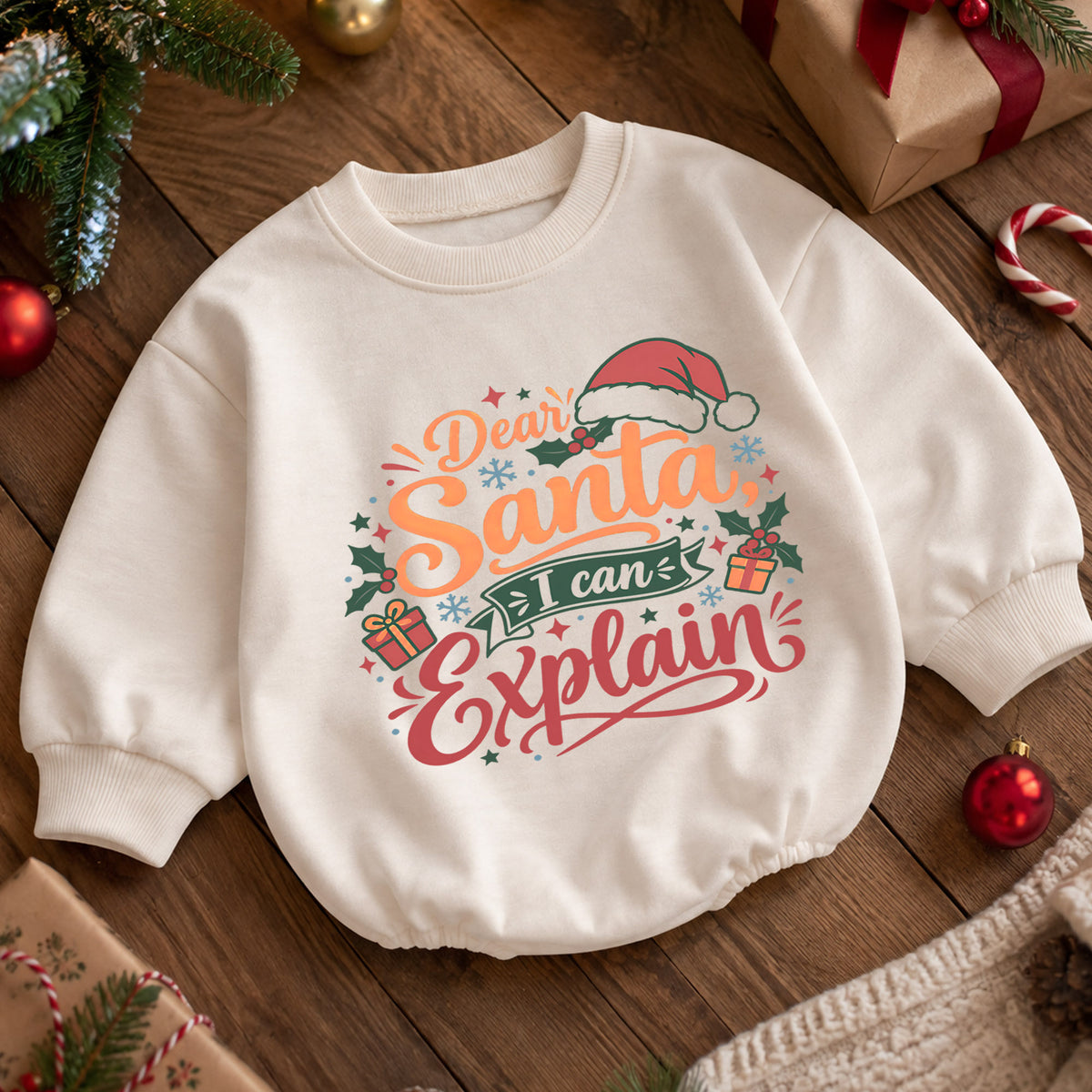 Dear Santa I Can Explain Baby Romper, Funny Christmas Baby Outfit, Santa Toddler Romper, Cute Holiday Outfit, Xmas Gift for Baby — product view 5
