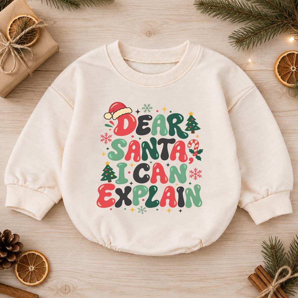 Dear Santa I Can Explain Baby Romper, Retro Christmas Quote Outfit, Funny Toddler Holiday Romper, 1st Christmas Gift — product view 1