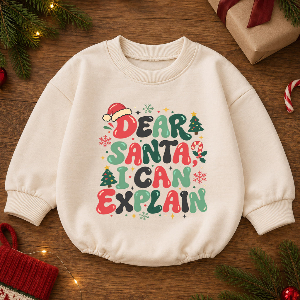 Dear Santa I Can Explain Baby Romper, Retro Christmas Quote Outfit, Funny Toddler Holiday Romper, 1st Christmas Gift — product view 2